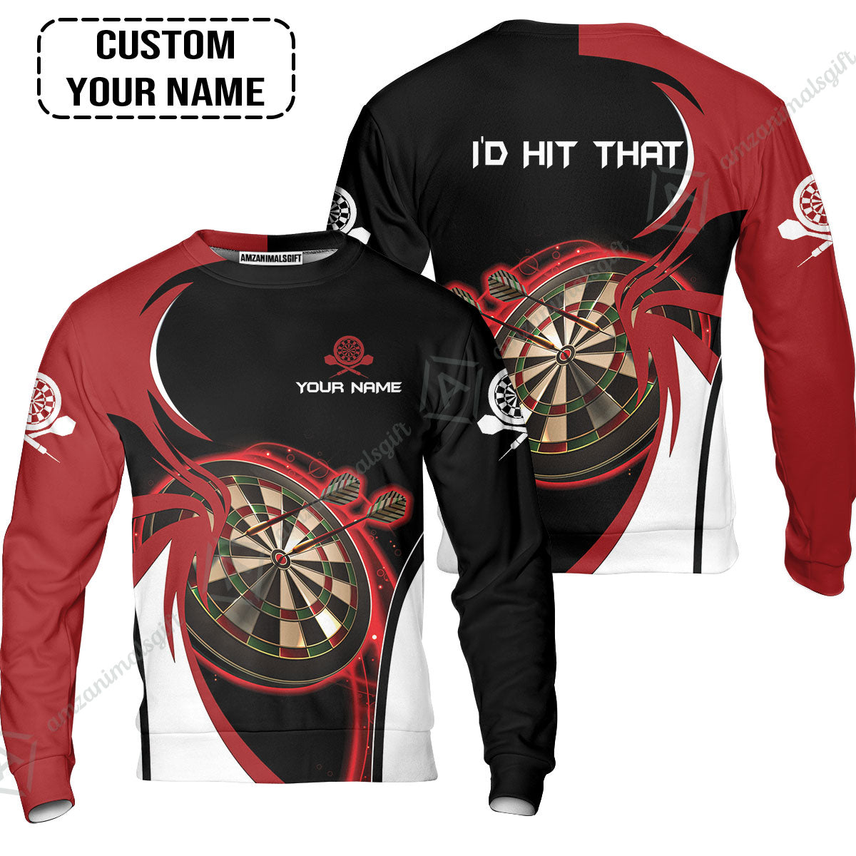 Personalised Darts Sweatshirt, I'D Hit That Darts Red Black Background Custom Name Sweatshirt