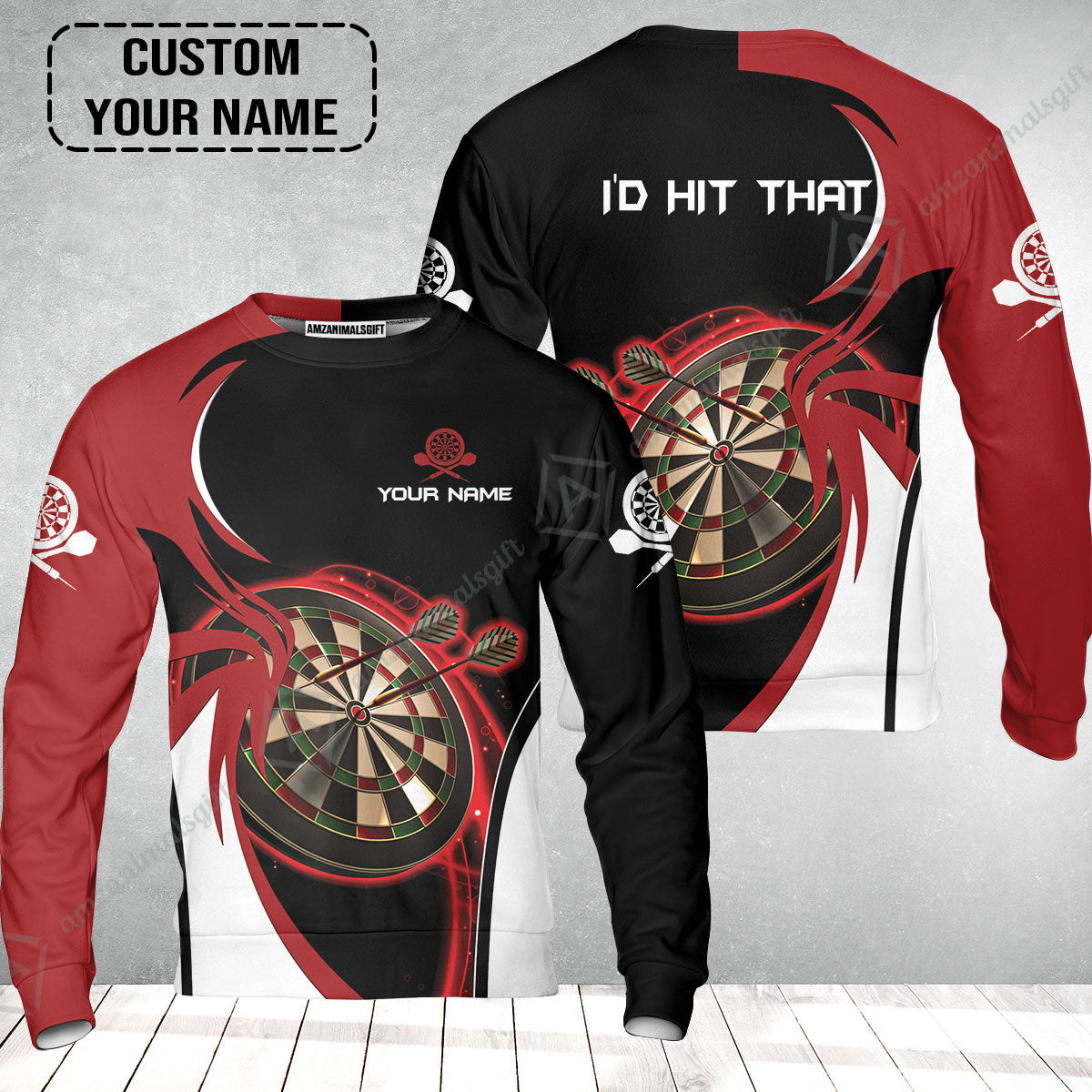 Personalised Darts Sweatshirt, I'D Hit That Darts Red Black Background Custom Name Sweatshirt