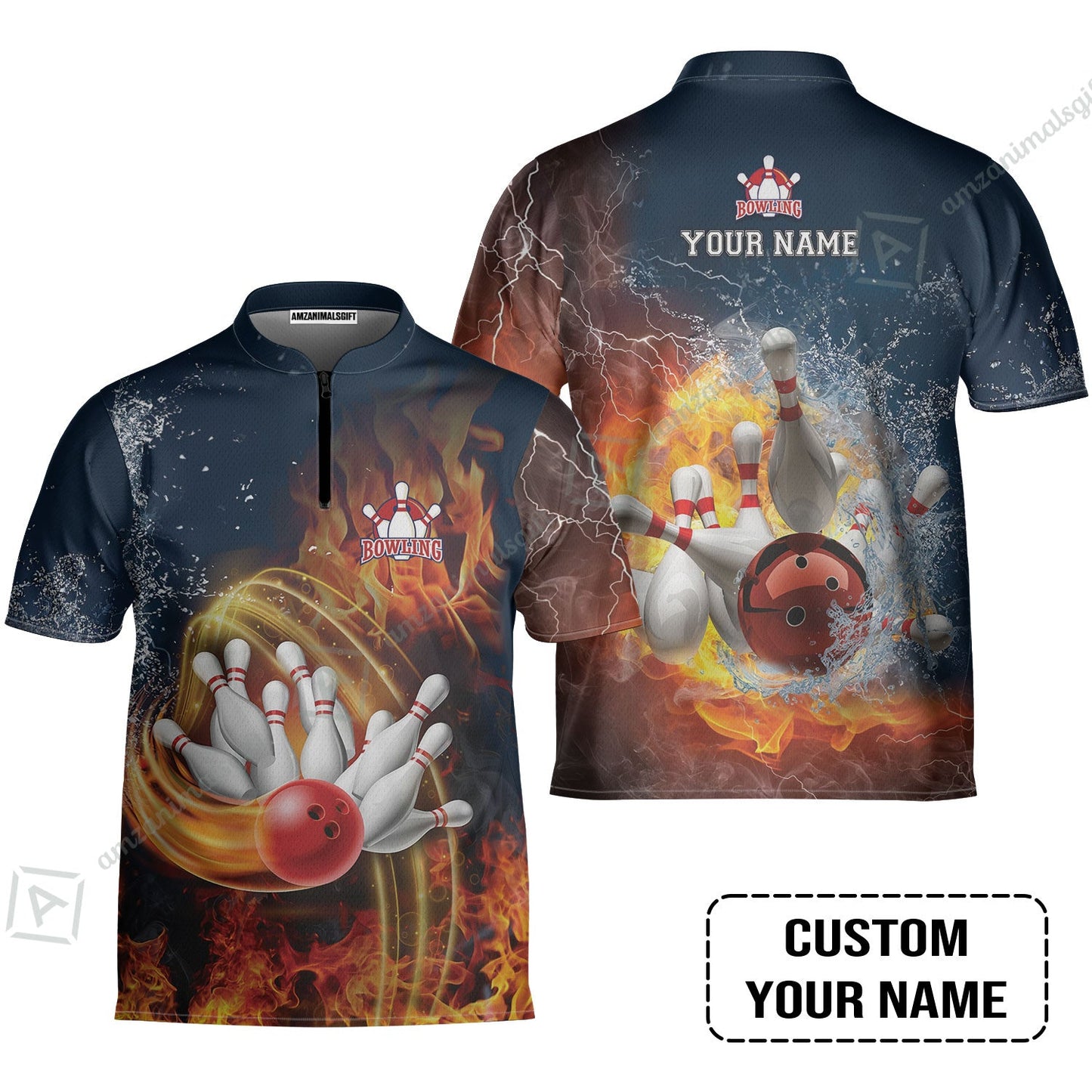 Bowling Custom Long Polo Shirt - Custom Name Red Bowl And Pins In Water And Fire Personalized Bowling Long Polo Shirt