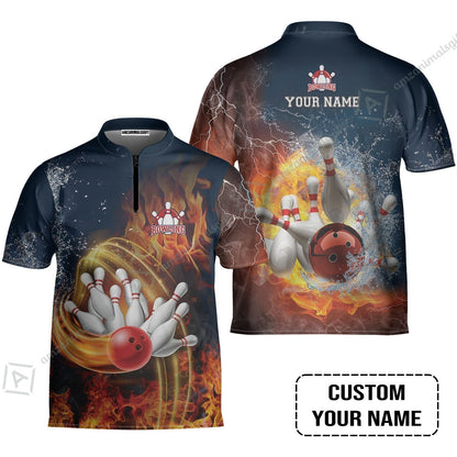 Bowling Custom T-Shirt - Custom Name Red Bowl And Pins In Water And Fire Personalized T-Shirt