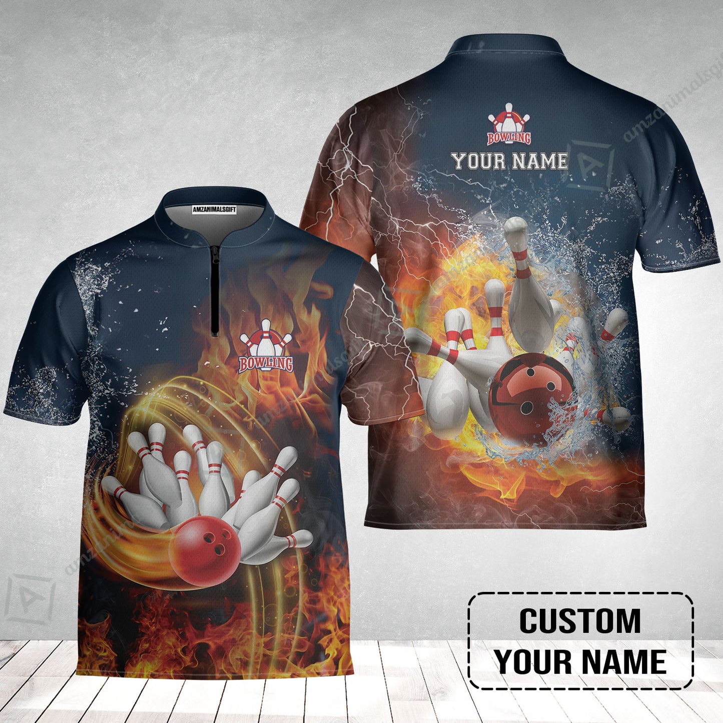 Bowling Custom Bowling Jersey - Custom Name Red Bowl And Pins In Water And Fire Personalized Bowling Jersey