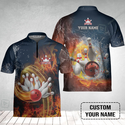 Bowling Custom Bowling Jersey - Custom Name Red Bowl And Pins In Water And Fire Personalized Bowling Jersey