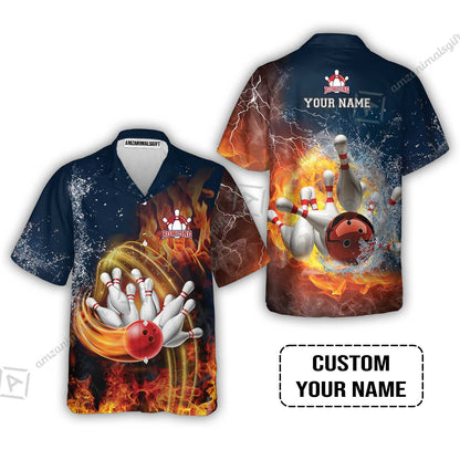 Bowling Custom Hawaiian Shirt- Custom Name Red Bowl And Pins In Water And Fire Personalized Hawaiian Shirt