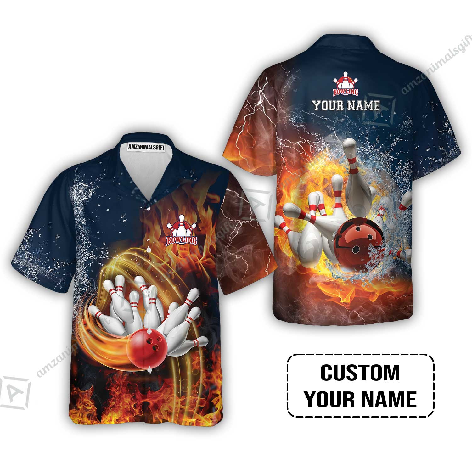 Bowling Custom Hawaiian Shirt- Custom Name Red Bowl And Pins In Water And Fire Personalized Hawaiian Shirt