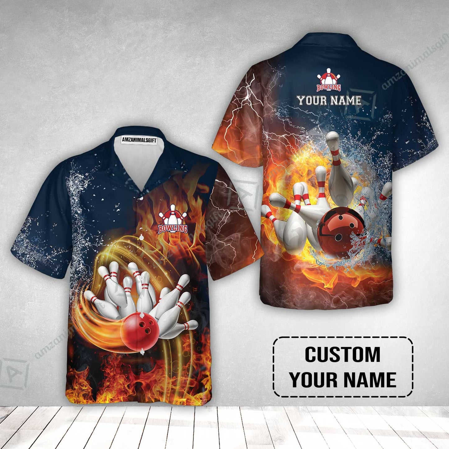 Bowling Custom Hawaiian Shirt- Custom Name Red Bowl And Pins In Water And Fire Personalized Hawaiian Shirt
