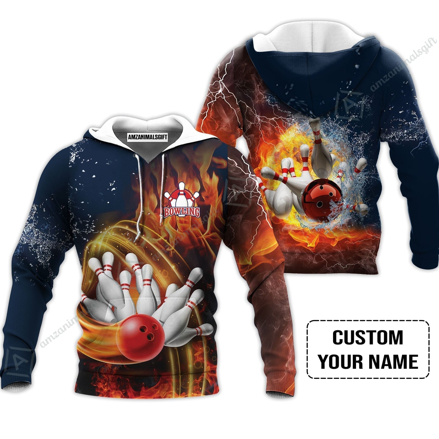 Bowling Custom Hawaiian Shirt- Custom Name Red Bowl And Pins In Water And Fire Personalized Hawaiian Shirt