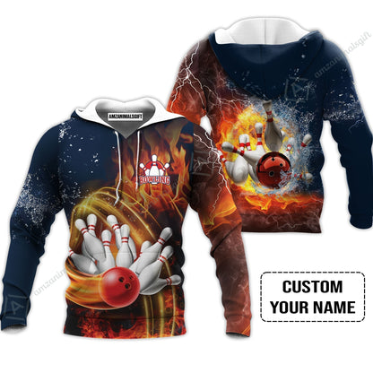 Bowling Custom Hawaiian Shirt- Custom Name Red Bowl And Pins In Water And Fire Personalized Hawaiian Shirt