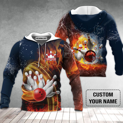 Bowling Custom Hoodie - Custom Name Red Bowl And Pins In Water And Fire Personalized Hoodie
