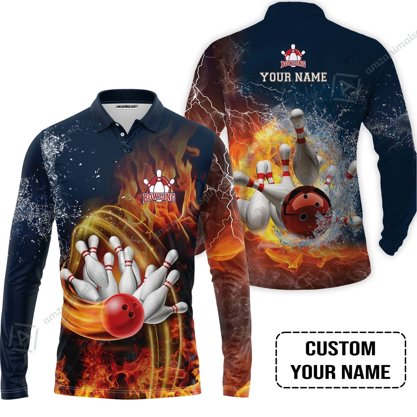 Bowling Custom Bowling Jersey - Custom Name Red Bowl And Pins In Water And Fire Personalized Bowling Jersey