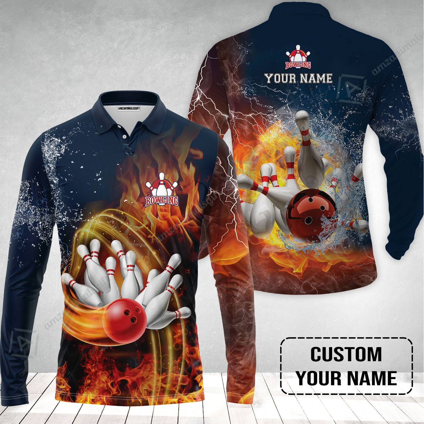Bowling Custom Long Polo Shirt - Custom Name Red Bowl And Pins In Water And Fire Personalized Bowling Long Polo Shirt