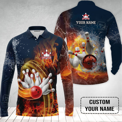 Bowling Custom Long Polo Shirt - Custom Name Red Bowl And Pins In Water And Fire Personalized Bowling Long Polo Shirt