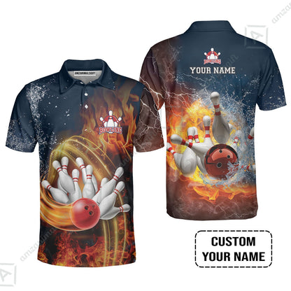 Bowling Custom Long Polo Shirt - Custom Name Red Bowl And Pins In Water And Fire Personalized Bowling Long Polo Shirt