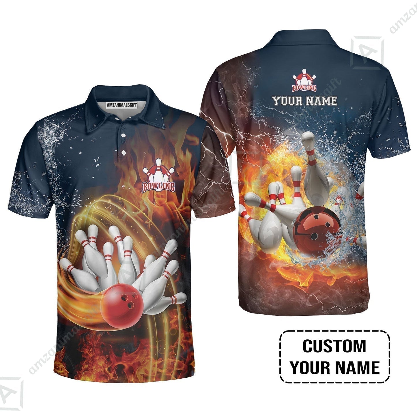 Bowling Custom T-Shirt - Custom Name Red Bowl And Pins In Water And Fire Personalized T-Shirt