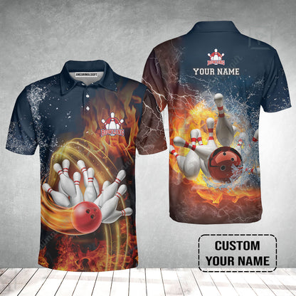 Bowling Custom Men Polo Shirt - Custom Name Red Bowl And Pins In Water And Fire Personalized Bowling Polo Shirt