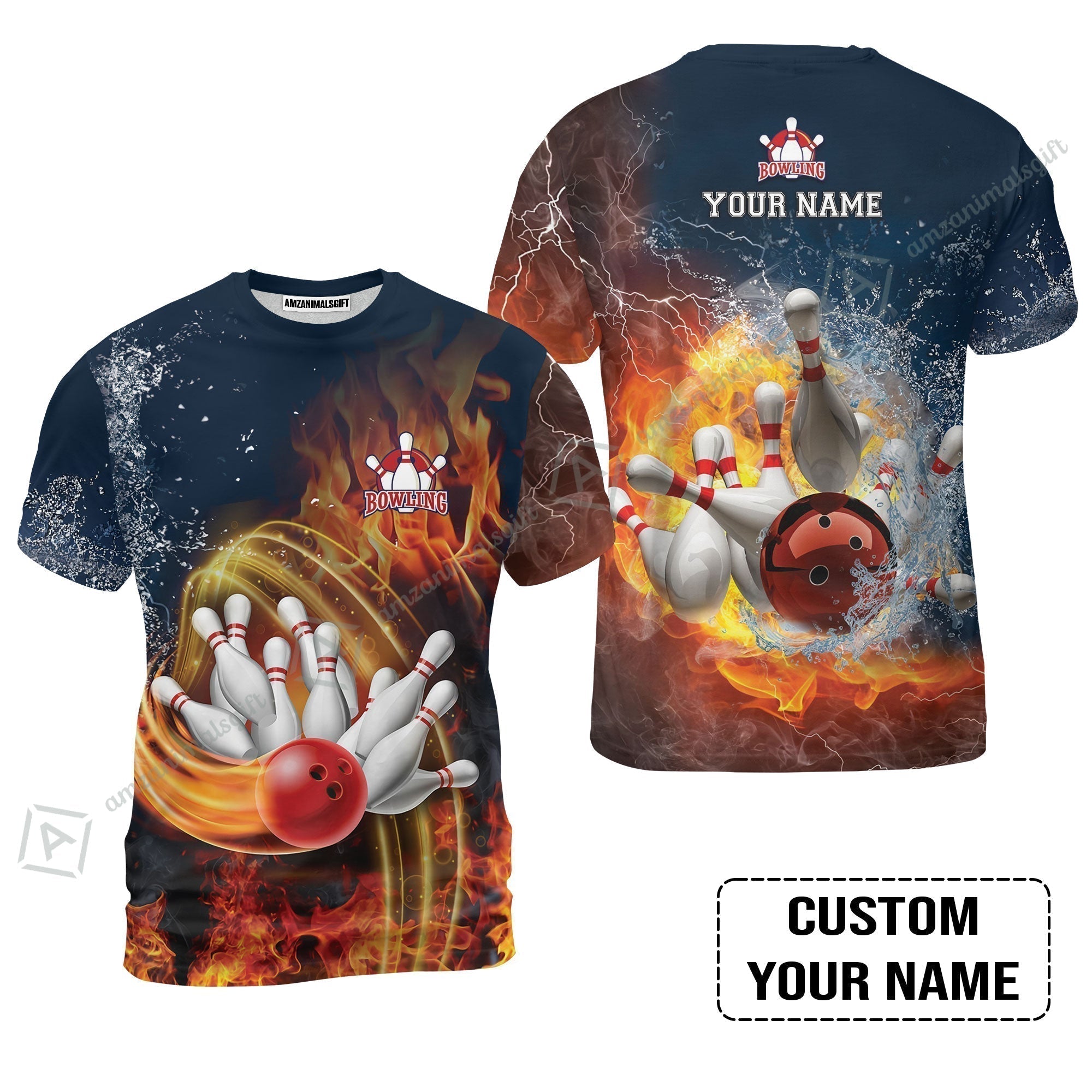 Bowling Custom T-Shirt - Custom Name Red Bowl And Pins In Water And Fire Personalized T-Shirt