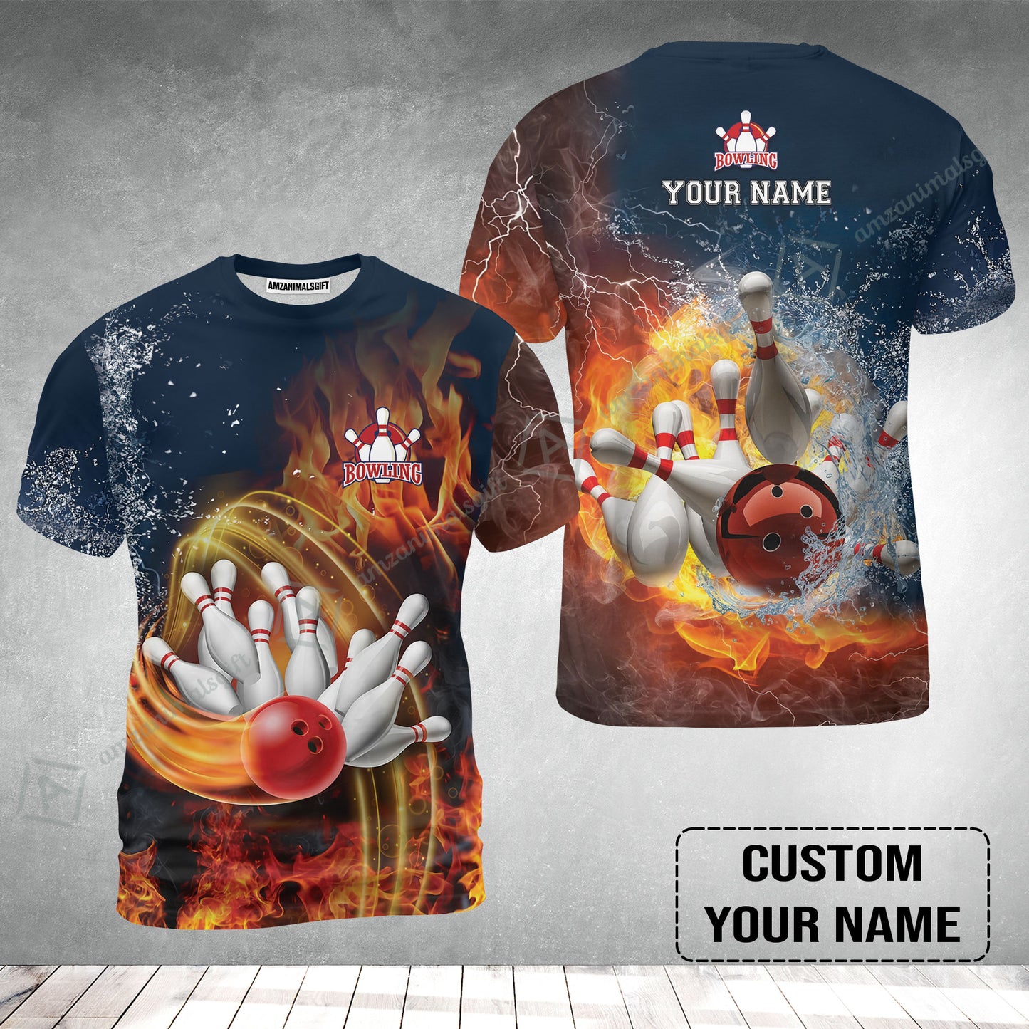 Bowling Custom T-Shirt - Custom Name Red Bowl And Pins In Water And Fire Personalized T-Shirt
