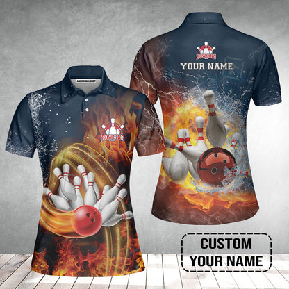 Bowling Custom Women Polo Shirt- Custom Name Red Bowl And Pins In Water And Fire Personalized Women Polo Shirt