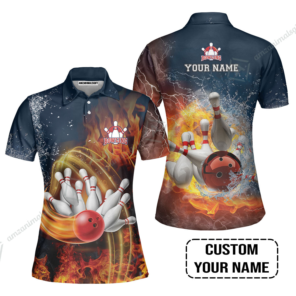Bowling Custom T-Shirt - Custom Name Red Bowl And Pins In Water And Fire Personalized T-Shirt