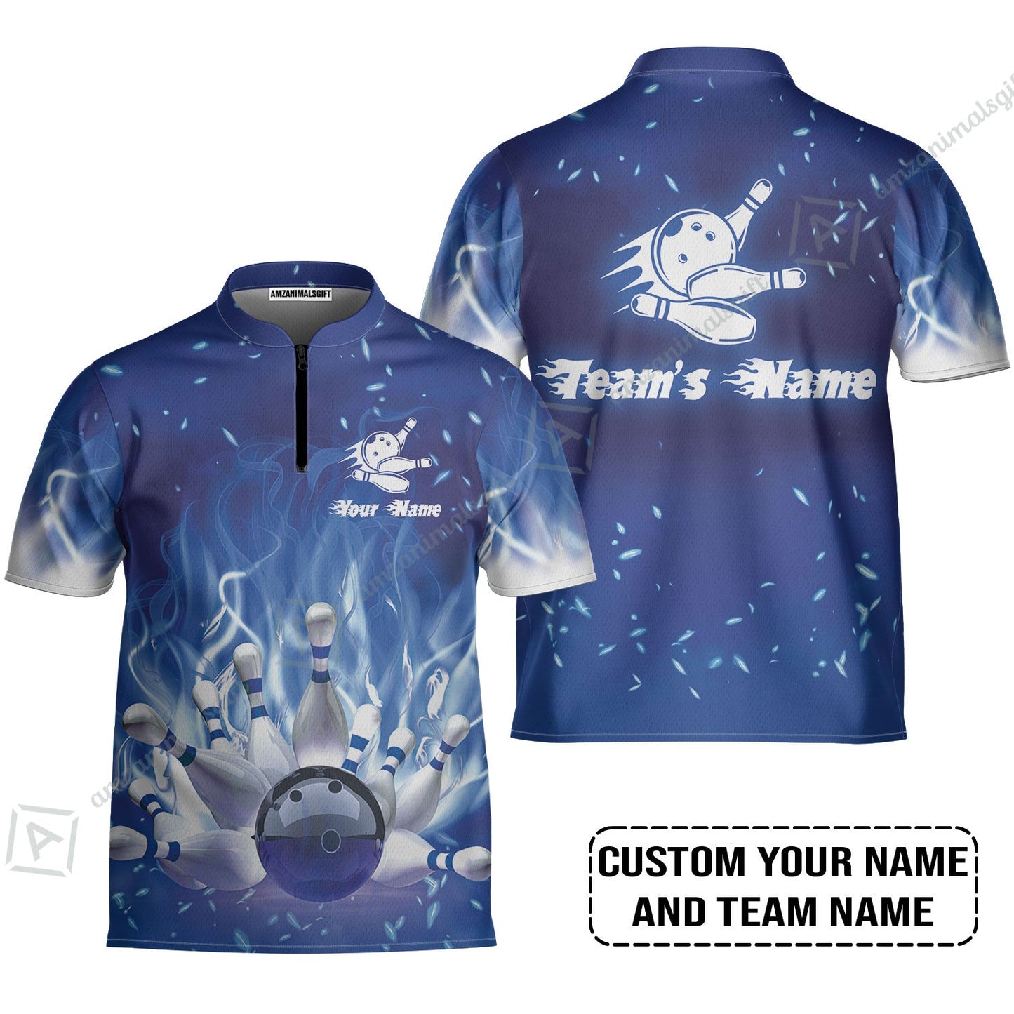 Bowling Long Polo Shirt Custom Name - Bowling On Blue Fire Personalized Bowling Long Polo Shirt