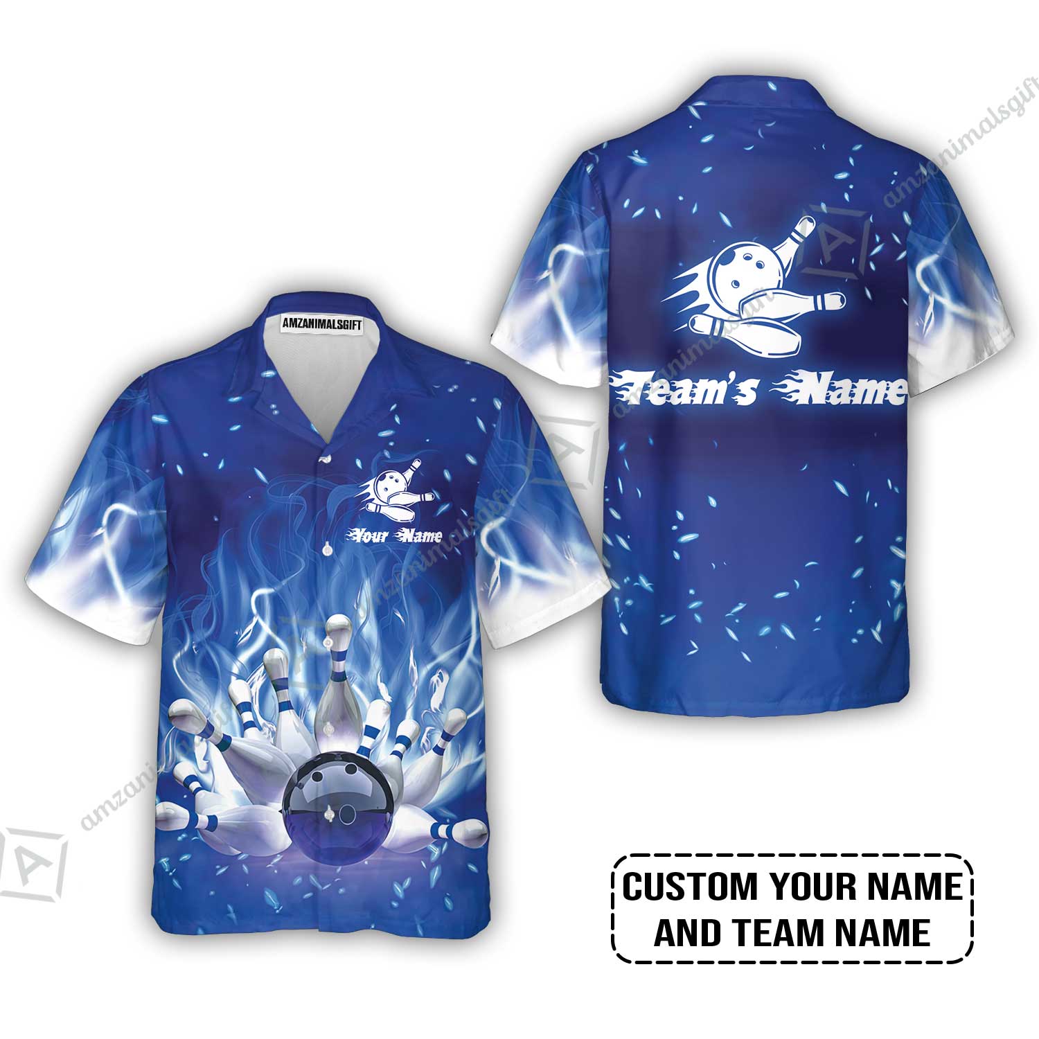 Bowling Hawaiian Shirt Custom Name - Bowling On Blue Fire Personalized Hawaiian Shirt