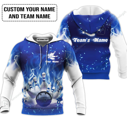 Bowling Long Polo Shirt Custom Name - Bowling On Blue Fire Personalized Bowling Long Polo Shirt