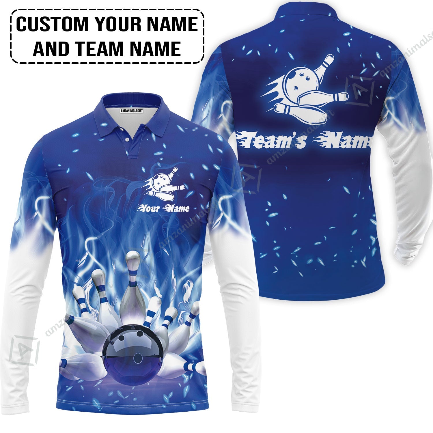 Bowling Long Polo Shirt Custom Name - Bowling On Blue Fire Personalized Bowling Long Polo Shirt
