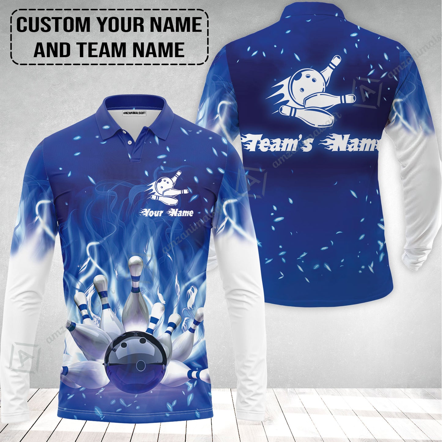 Bowling Long Polo Shirt Custom Name - Bowling On Blue Fire Personalized Bowling Long Polo Shirt