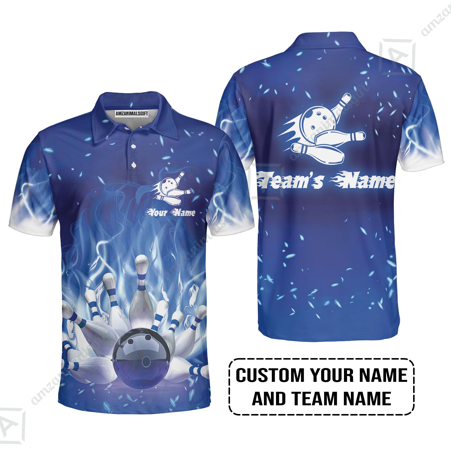 Bowling Men Polo Shirt Custom Name - Bowling On Blue Fire Personalized Bowling Polo Shirt