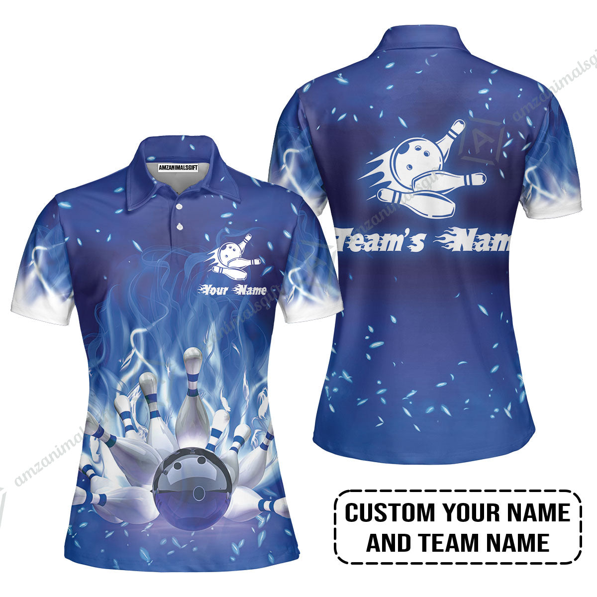 Bowling Women Polo Shirt Custom Name - Bowling On Blue Fire Personalized Women Polo Shirt