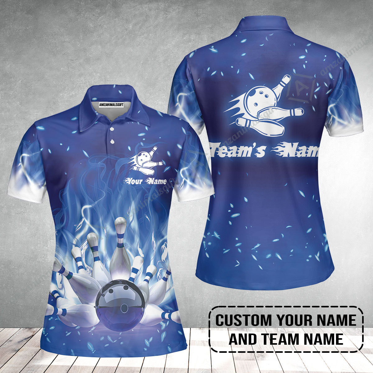Bowling Women Polo Shirt Custom Name - Bowling On Blue Fire Personalized Women Polo Shirt