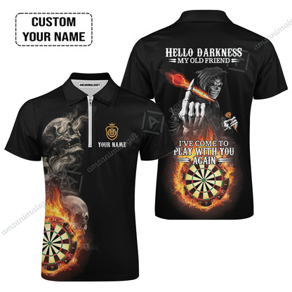 Darts Custom Name Men Polo Shirt, Skull Personalized Polo Shirt, Hello Darkness My Old Friend I've Come To Play With You Again