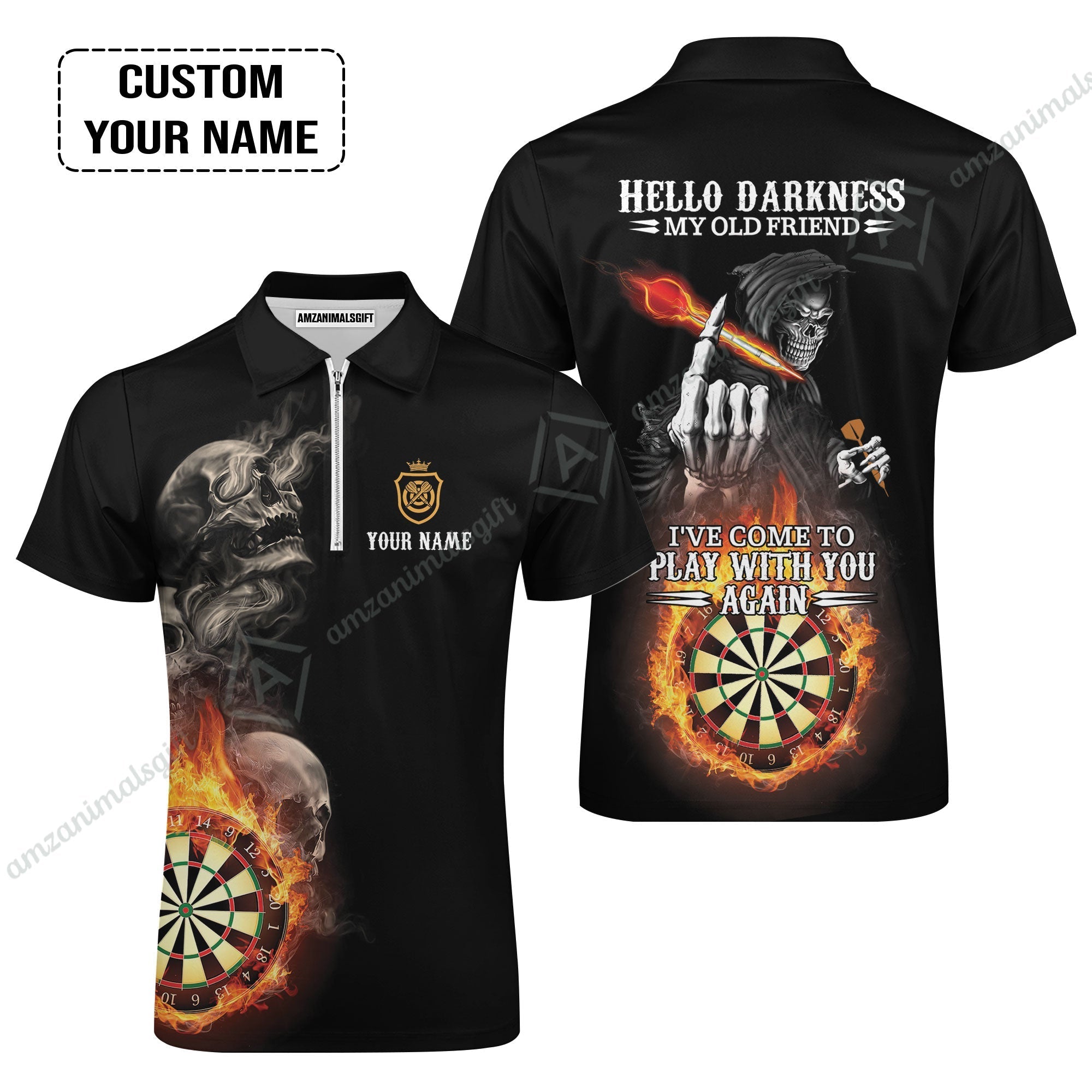 Darts Custom Name Zip Polo Shirt, Skull Personalized Zip Polo Shirt, Hello Darkness My Old Friend I've Come To Play With You Again