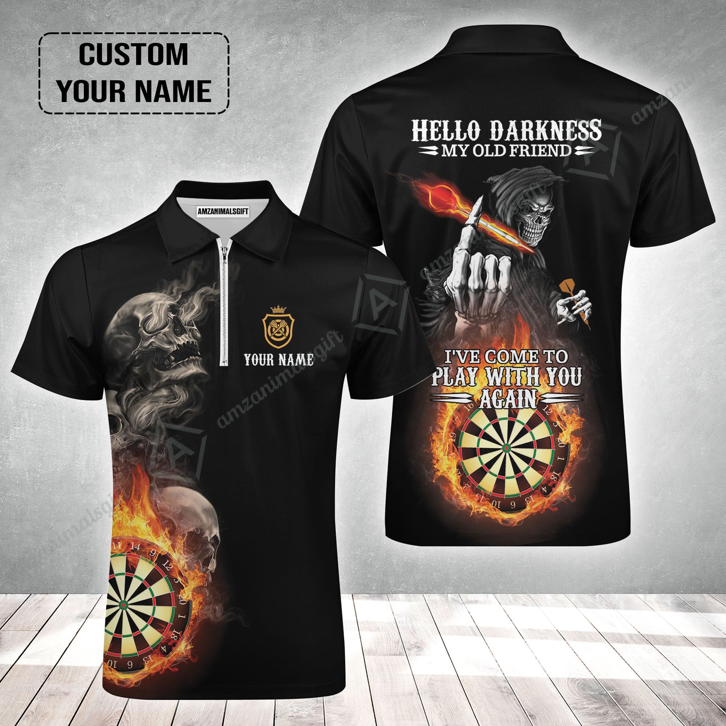 Darts Custom Name Zip Polo Shirt, Skull Personalized Zip Polo Shirt, Hello Darkness My Old Friend I've Come To Play With You Again