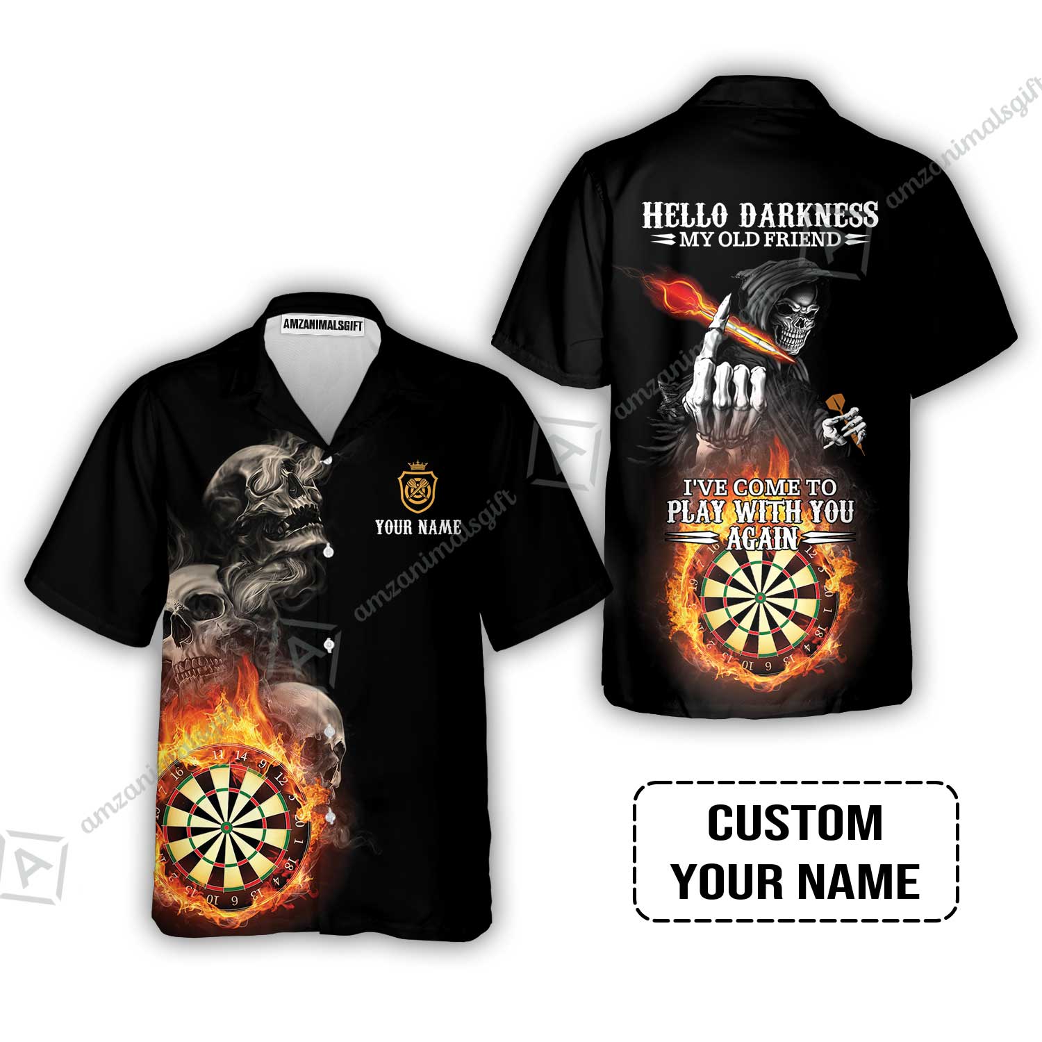 Darts Custom Name Hawaiian Shirt, Skull Personalized Hawaiian Shirt, Hello Darkness My Old Friend I've Come To Play With You Again