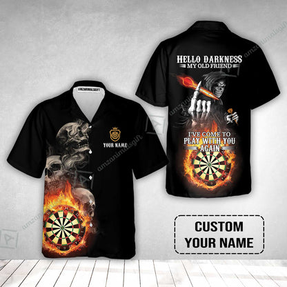 Darts Custom Name Hawaiian Shirt, Skull Personalized Hawaiian Shirt, Hello Darkness My Old Friend I've Come To Play With You Again