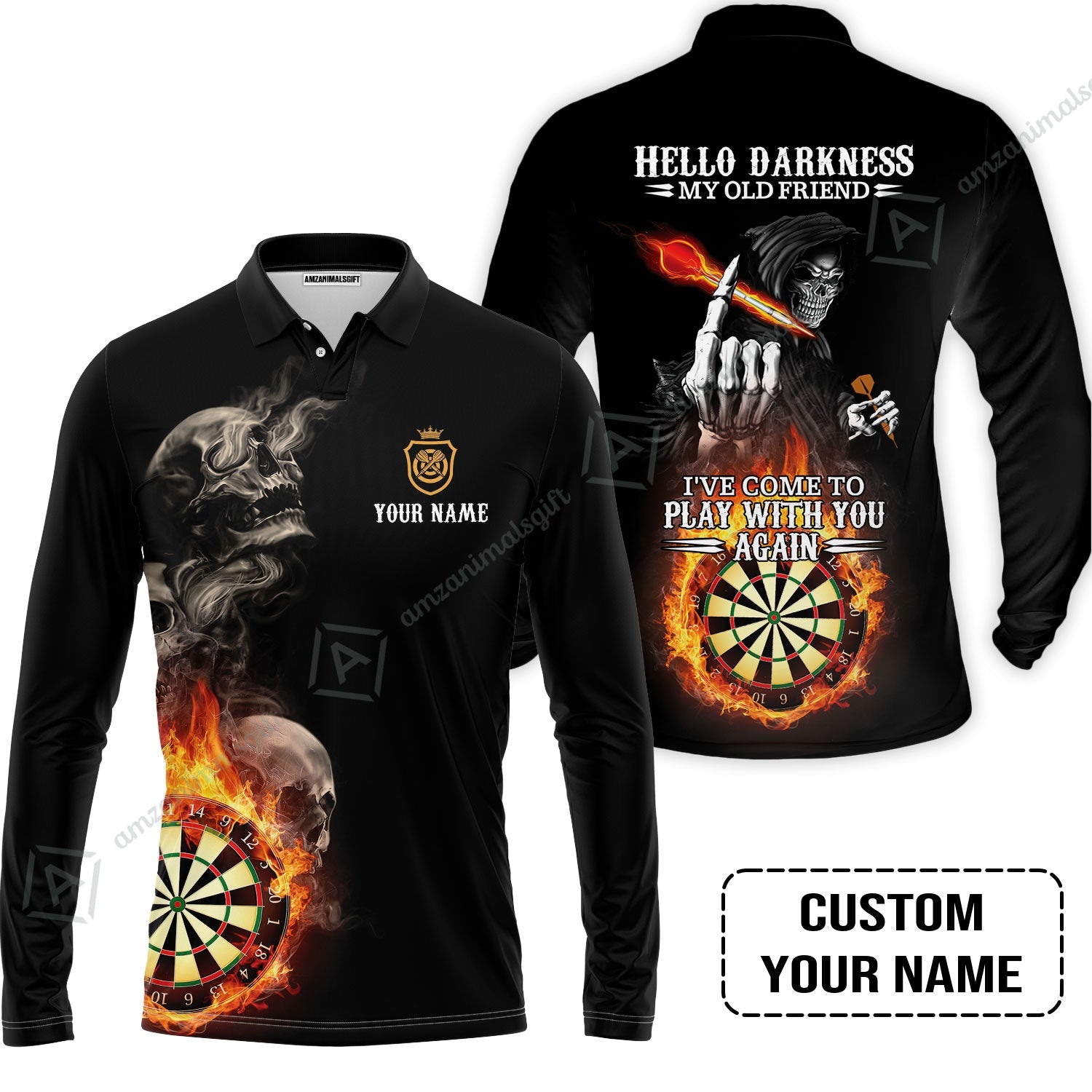 Darts Custom Name Long Polo Shirt, Skull Personalized Long Polo Shirt , Hello Darkness My Old Friend I've Come To Play With You Again