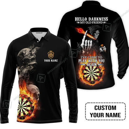 Darts Custom Name Zip Polo Shirt, Skull Personalized Zip Polo Shirt, Hello Darkness My Old Friend I've Come To Play With You Again