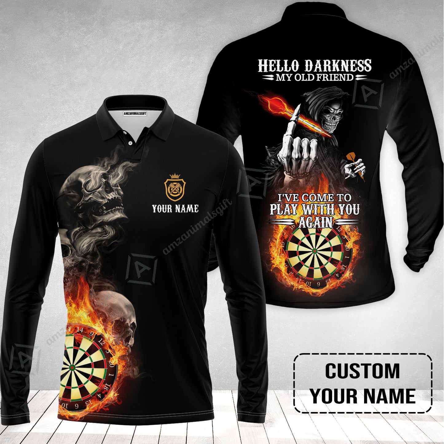 Darts Custom Name Long Polo Shirt, Skull Personalized Long Polo Shirt , Hello Darkness My Old Friend I've Come To Play With You Again