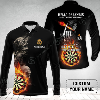 Darts Custom Name Long Polo Shirt, Skull Personalized Long Polo Shirt , Hello Darkness My Old Friend I've Come To Play With You Again