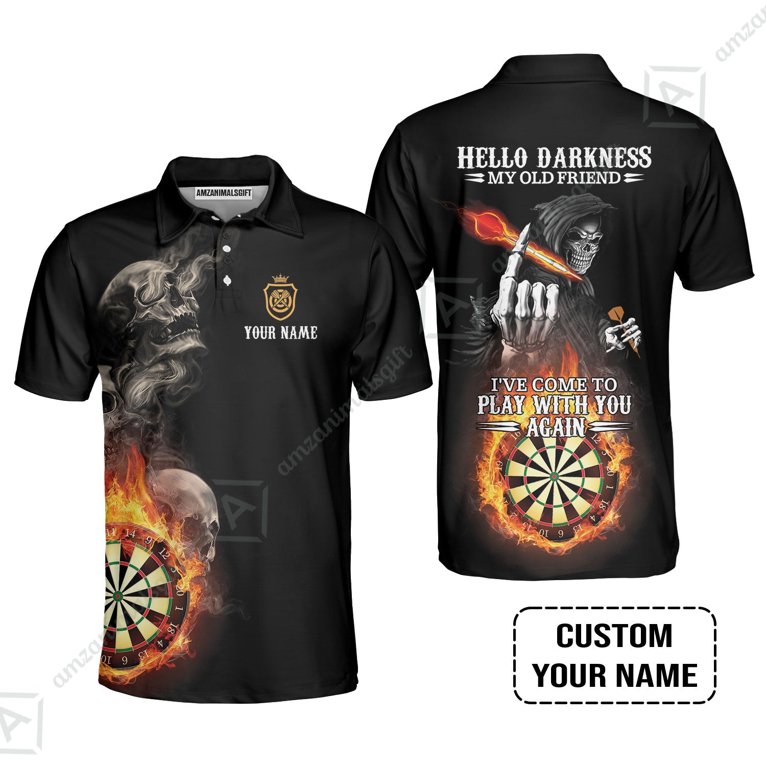 Darts Custom Name Men Polo Shirt, Skull Personalized Polo Shirt, Hello Darkness My Old Friend I've Come To Play With You Again