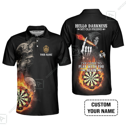 Darts Custom Name Long Polo Shirt, Skull Personalized Long Polo Shirt , Hello Darkness My Old Friend I've Come To Play With You Again