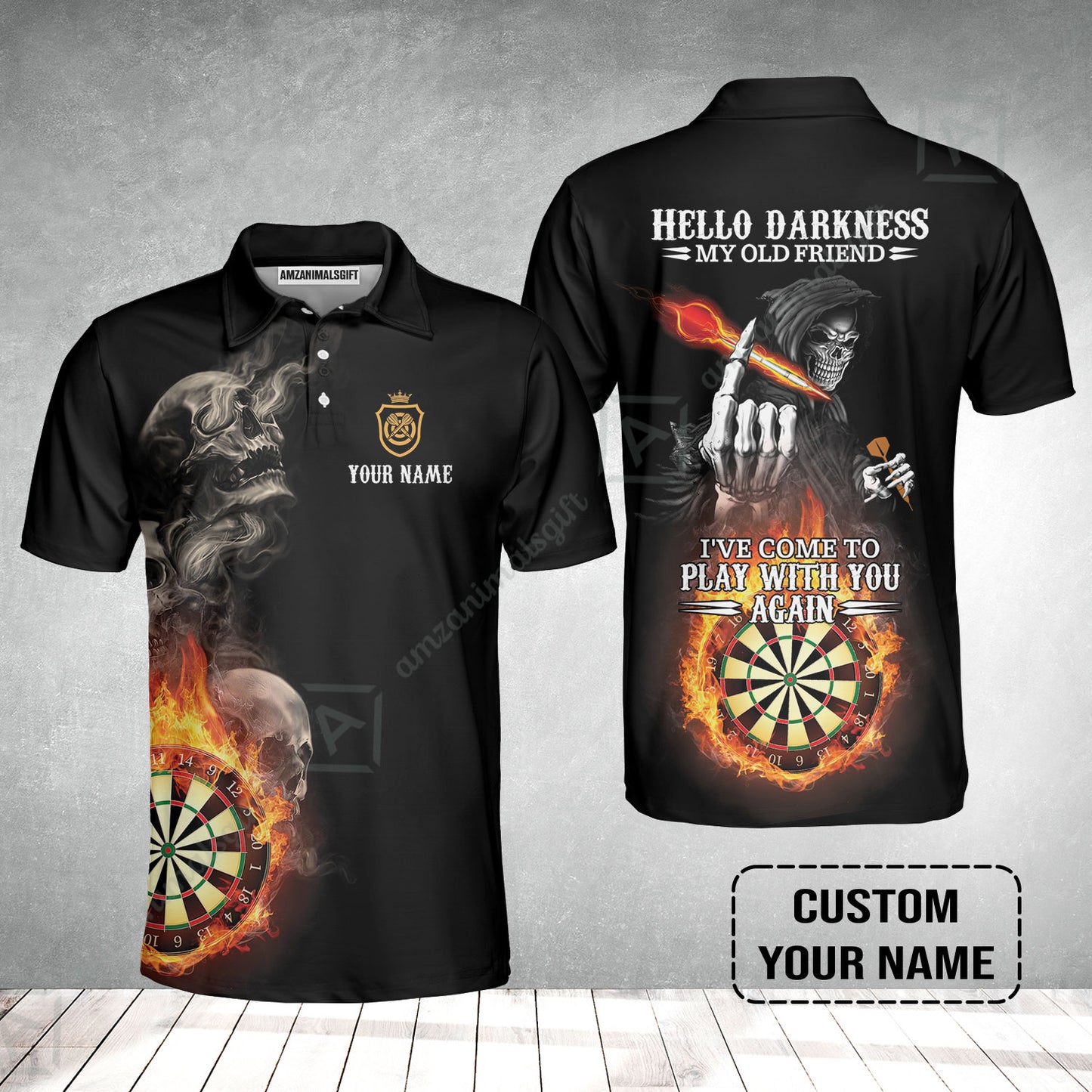Darts Custom Name Men Polo Shirt, Skull Personalized Polo Shirt, Hello Darkness My Old Friend I've Come To Play With You Again