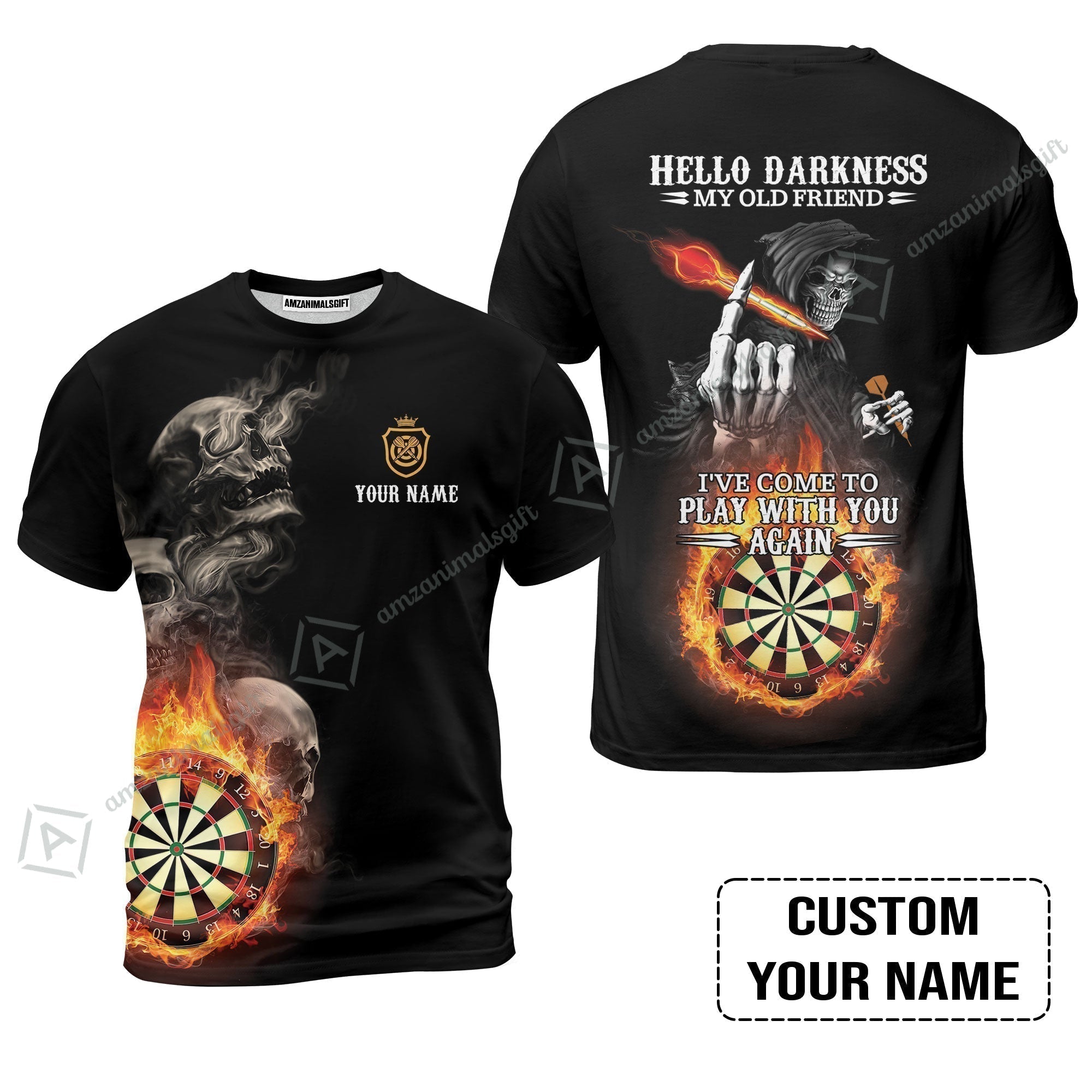 Darts Custom Name T-Shirt, Skull Personalized T-Shirt, Hello Darkness My Old Friend I've Come To Play With You Again