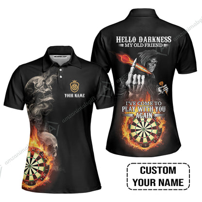 Darts Custom Name Long Polo Shirt, Skull Personalized Long Polo Shirt , Hello Darkness My Old Friend I've Come To Play With You Again