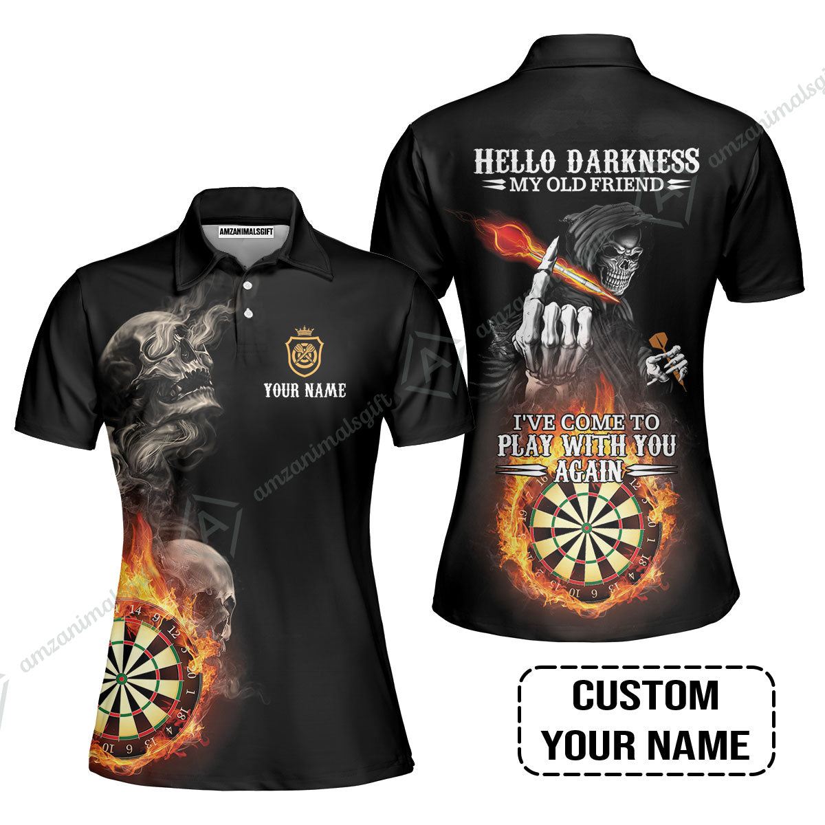 Darts Custom Name Zip Polo Shirt, Skull Personalized Zip Polo Shirt, Hello Darkness My Old Friend I've Come To Play With You Again