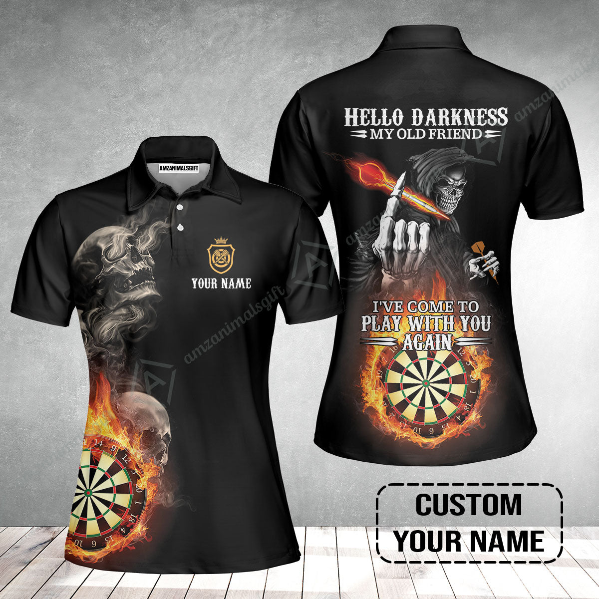 Darts Custom Name Women Polo Shirt, Skull Personalized Women Polo Shirt, Hello Darkness My Old Friend I've Come To Play With You Again