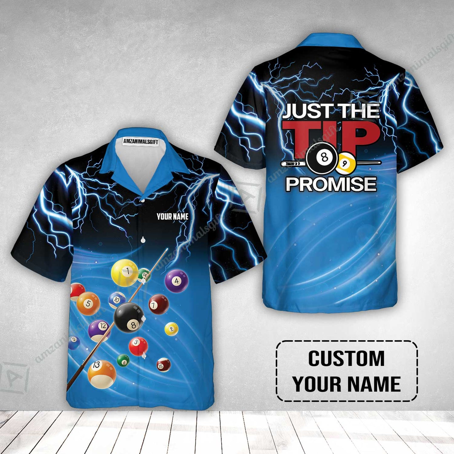 Custom Name Hawaiian Shirt, Personalized Thunder 8 Ball Pool Billiards Hawaiian Shirt, Gift For Billiard Lovers, Just The Tip I Promise