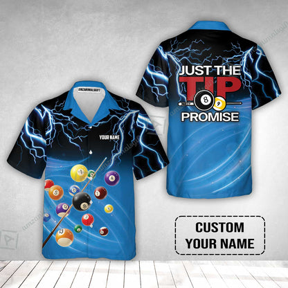 Custom Name Hawaiian Shirt, Personalized Thunder 8 Ball Pool Billiards Hawaiian Shirt, Gift For Billiard Lovers, Just The Tip I Promise