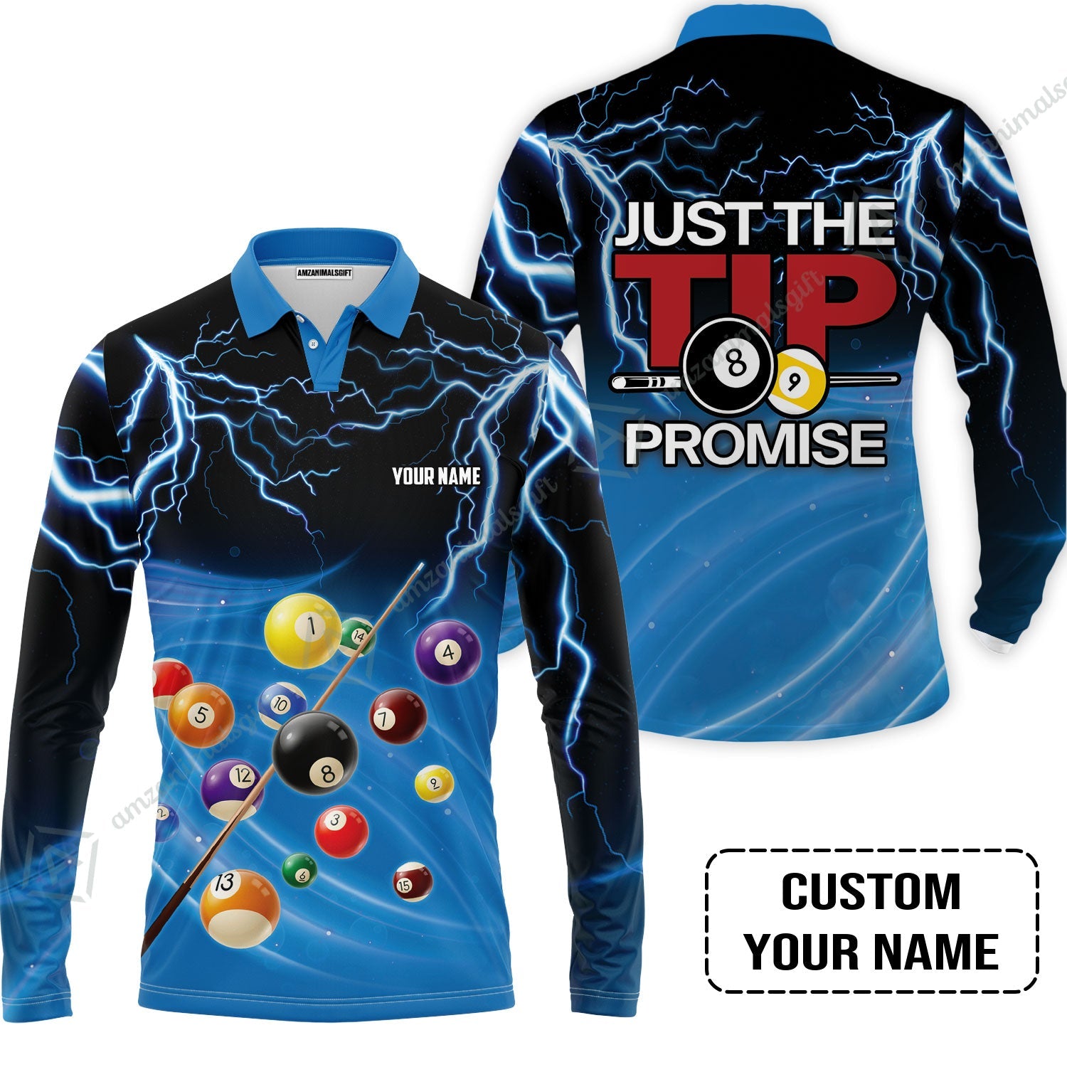 Custom Name Long Polo Shirt, Personalized Thunder 8 Ball Pool Billiards Polo Shirts, Gift For Billiard Lovers, Just The Tip I Promise