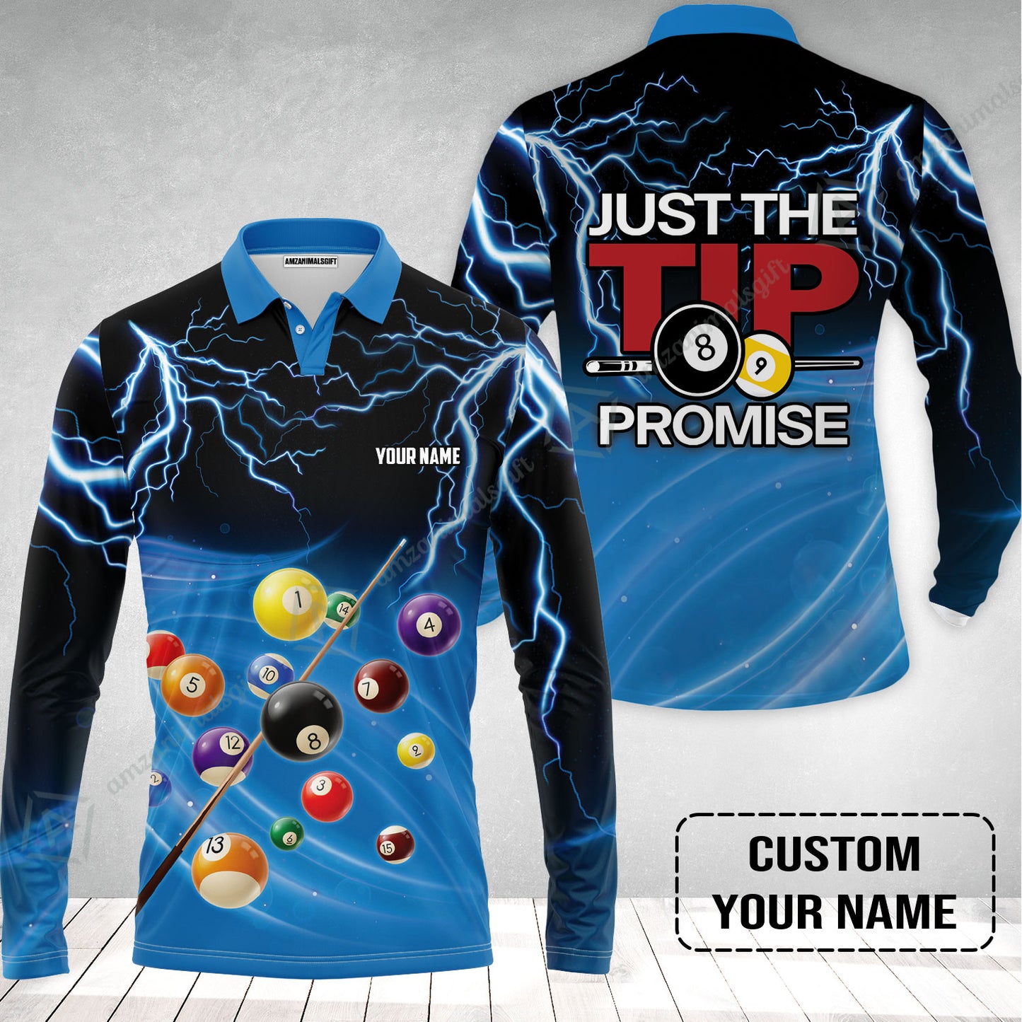 Custom Name Long Polo Shirt, Personalized Thunder 8 Ball Pool Billiards Polo Shirts, Gift For Billiard Lovers, Just The Tip I Promise